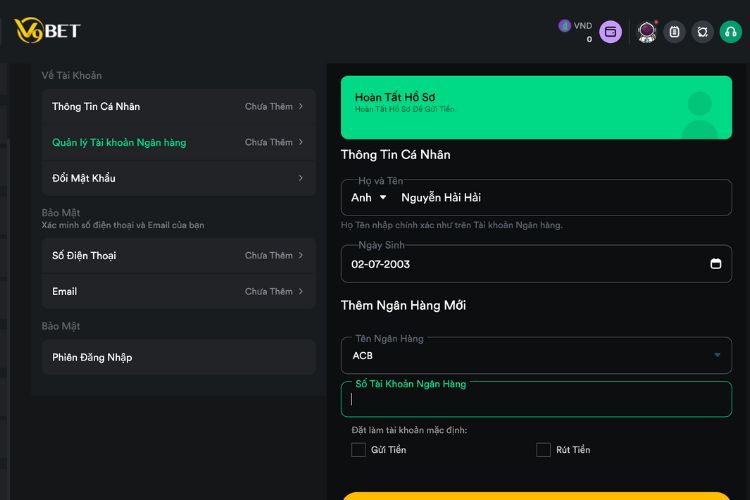 Nhập đầy đủ thông tin tài khoản liên kết ngân hàng V9Bet